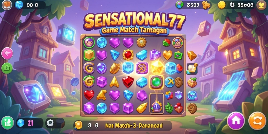 Screenshot gameplay SENSATIONAL77 yang menampilkan tantangan Match-3.